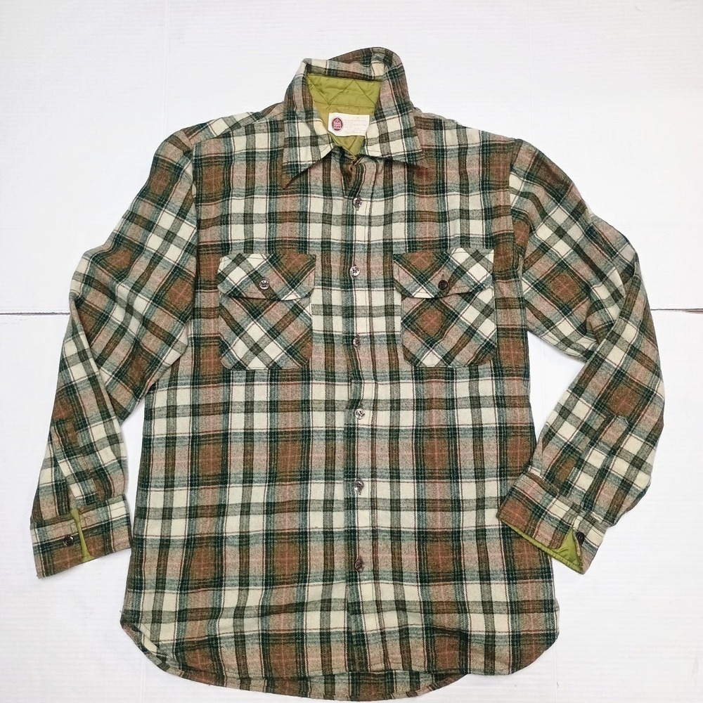 Vtg Sears Kings Road Wool Plaid Flannel Jacket Shirt Loop 15 1/2  Green Medium